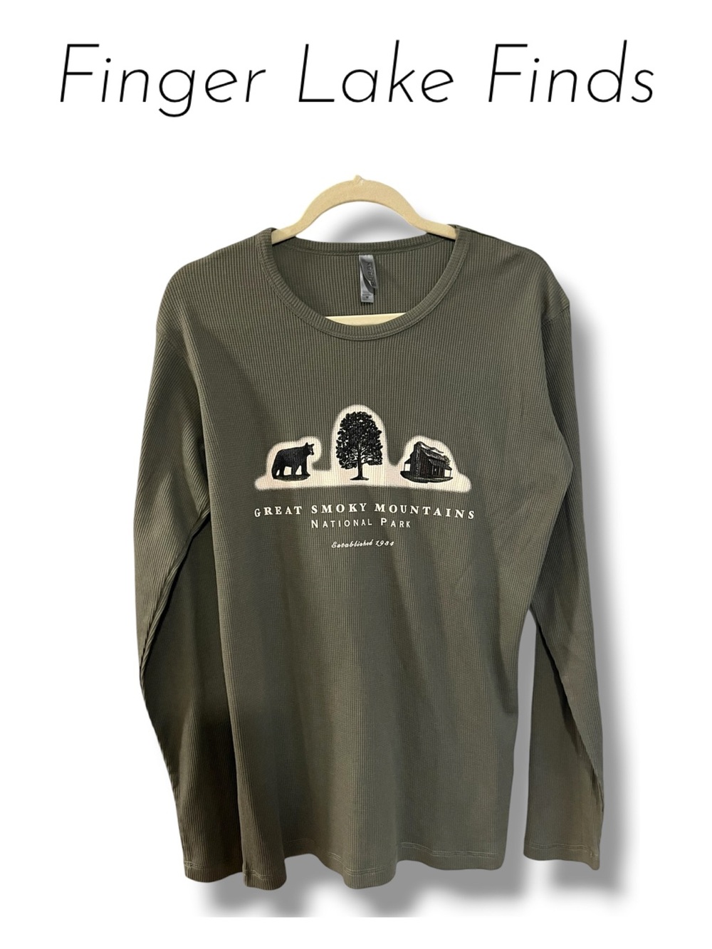 Great Smoky Mountains Olive Green Thermal Long Sleeve Tee, M